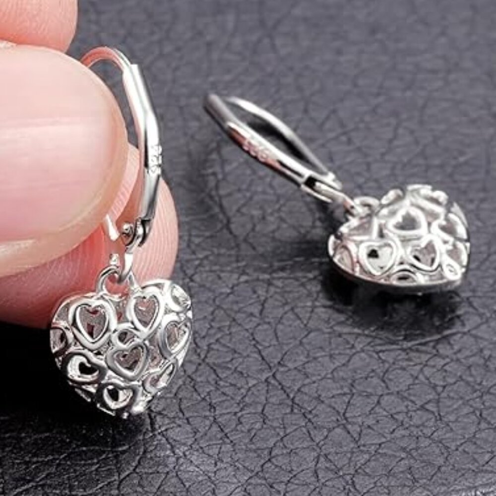 925 Sterling Silver French Style Heart Earrings